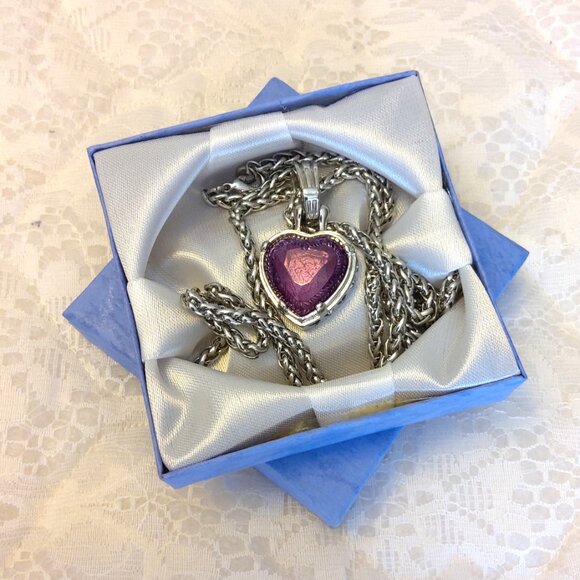Vintage Purple Cracked Crystal Heart Silver Pendant Silver Tone Long Necklace - Picture 5 of 11